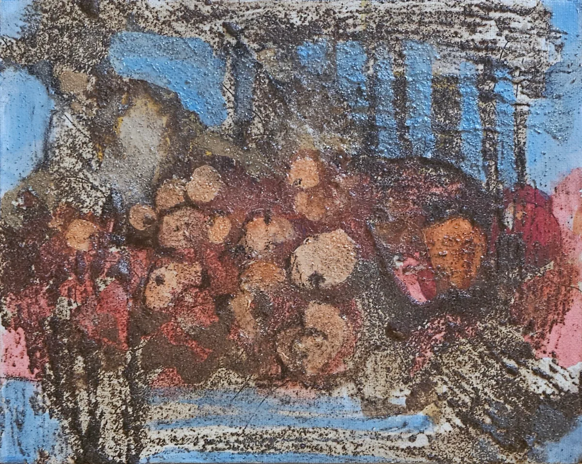 “Apple Stall” by Monika Ślósarczyk (2025): apples on a market stall in brown and red tones against a blue background.