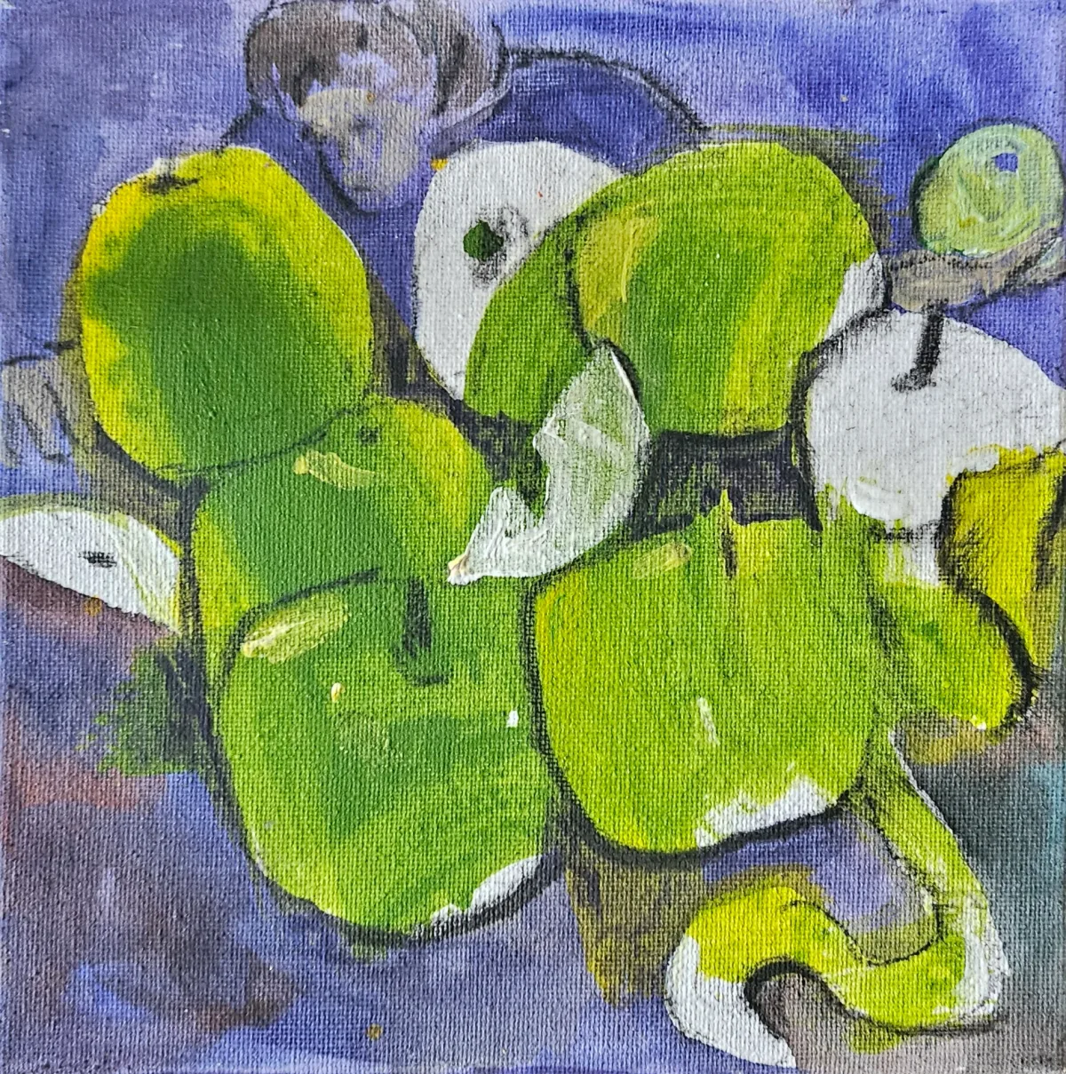 “Apples” by Monika Ślósarczyk (2024): green apples and pale fruit pieces against a purple background.