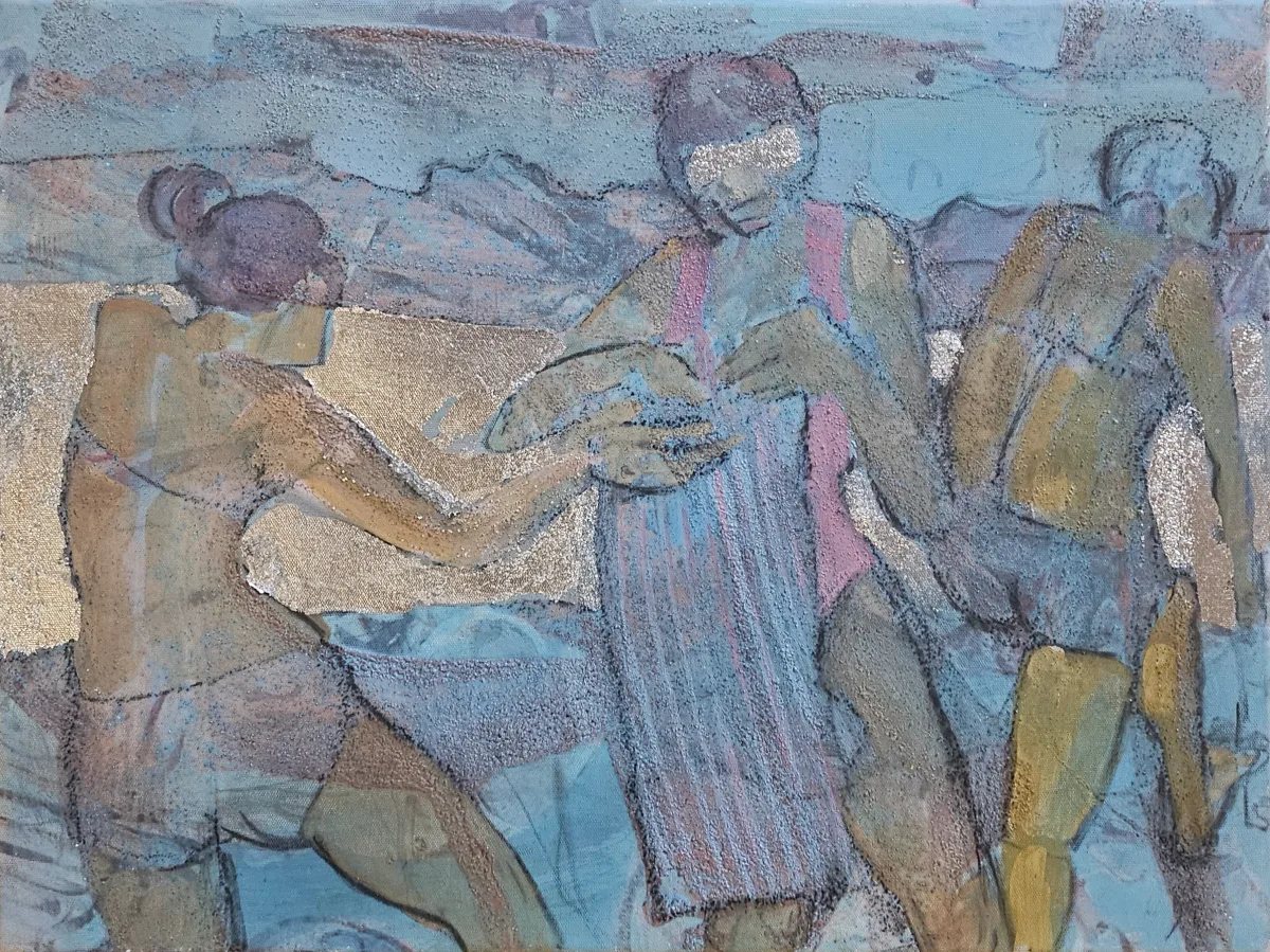 “Beach” by Monika Ślósarczyk (2025): three figures on a beach in blue, pink and beige tones.