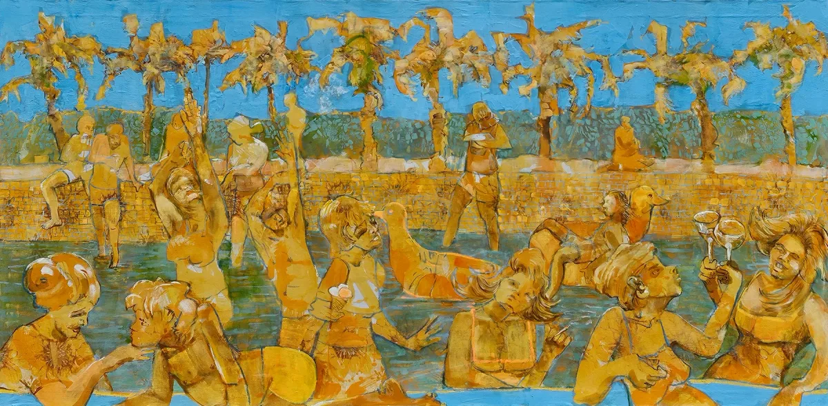 Monika Ślósarczyk's painting Zostań sybarytą: golden figures celebrate beside a blue pool beneath rows of palm trees.