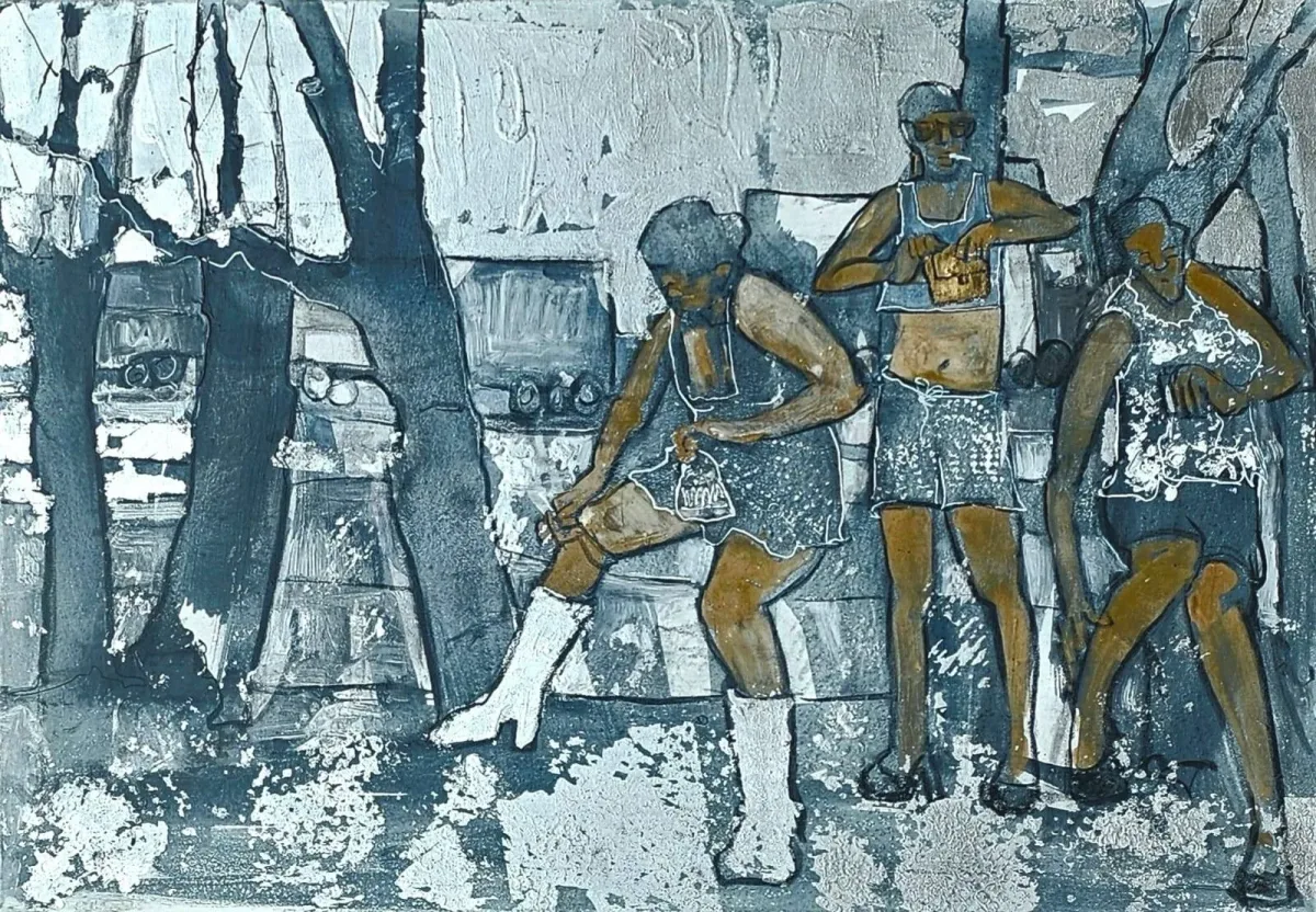 Monika Ślósarczyk's painting A Break: three women pause in a stark street scene rendered in white, graphite and muted blue.