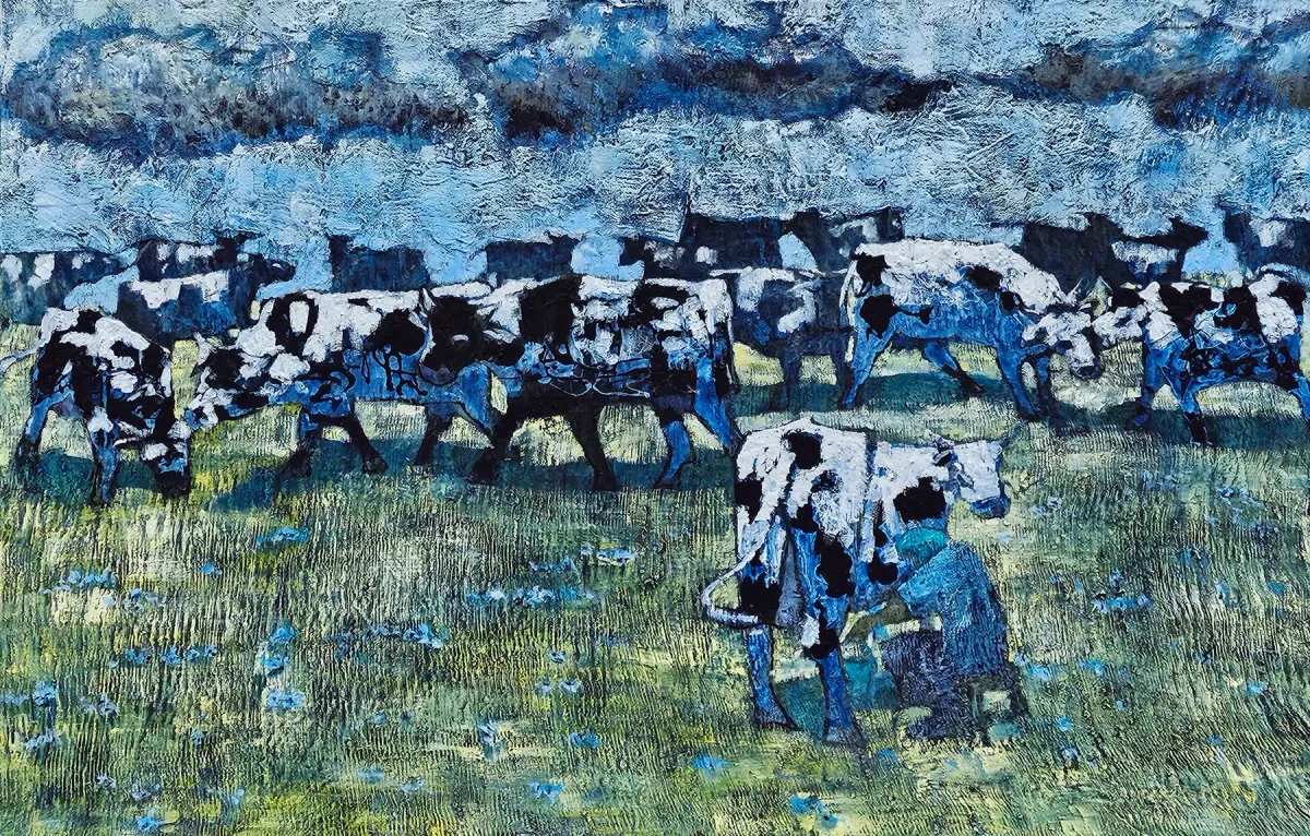 Monika Ślósarczyk's painting Cows: a person milks a pied cow before a herd scattered across a green pasture under a dark blue sky.