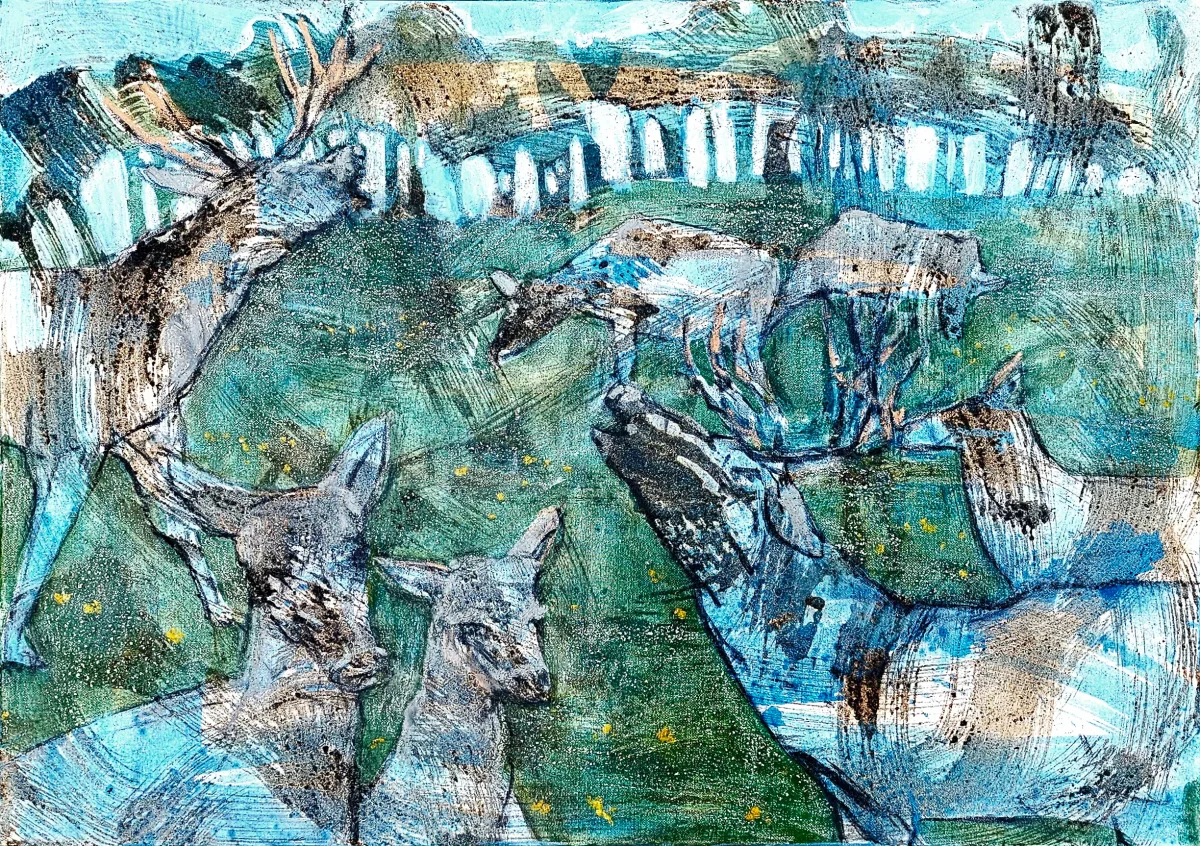“Deer” by Monika Ślósarczyk (2026): deer and antlers in a composition of blues and greens.