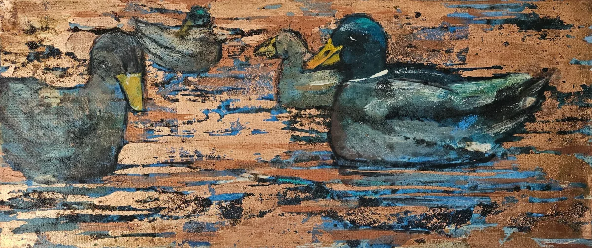 “Ducks” by Monika Ślósarczyk (2026): four ducks on water amid copper and blue streaks.