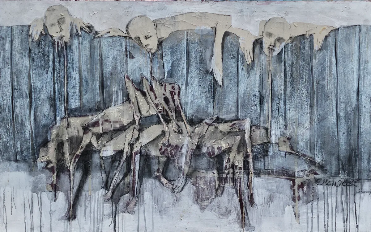 Monika Ślósarczyk's painting Greed: three pale figures reach over a tall grey fence towards something beyond their grasp.