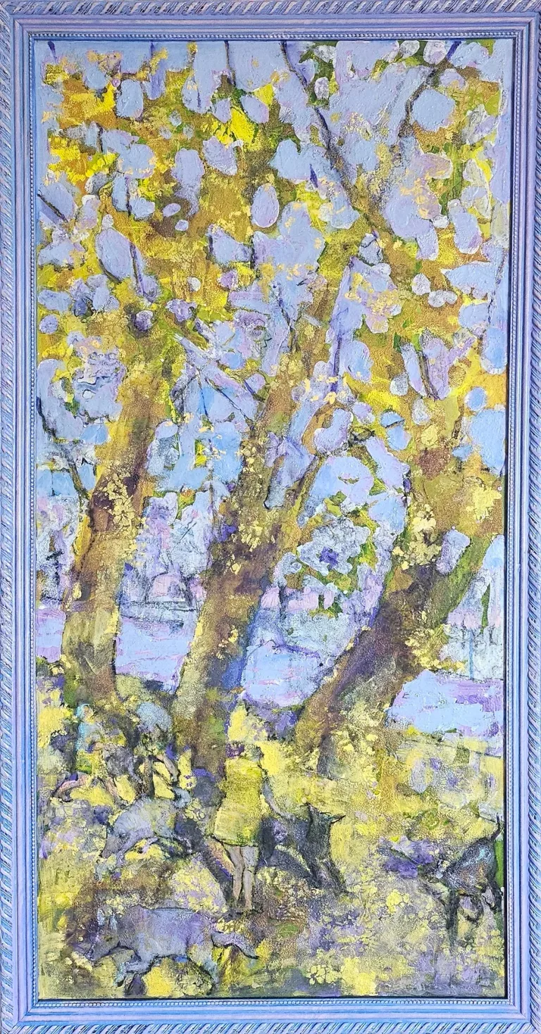 Monika Ślósarczyk's painting Horse-Chestnut Trees: tall trunks rise into pale blue, lilac and white crowns above a golden-green ground.