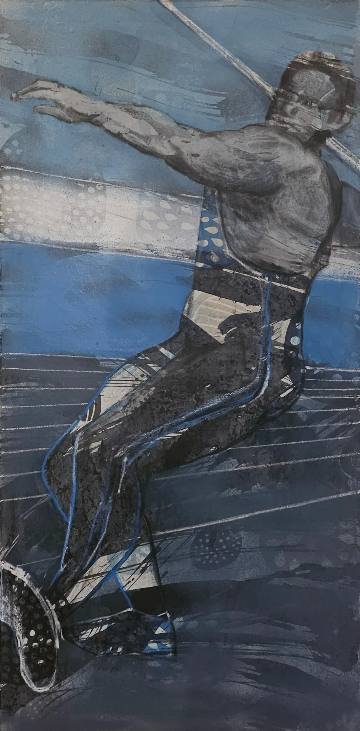 “Javelin Throw” by Monika Ślósarczyk: an athlete holding a javelin against a blue-grey background.