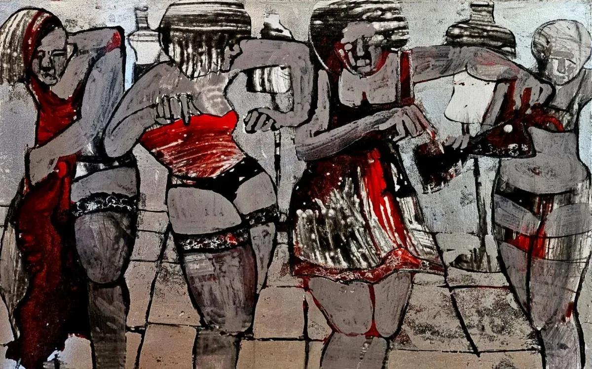 Monika Ślósarczyk's painting Lingerie Stores: women try on and examine lingerie in a compact grey, black and beige composition with red accents.