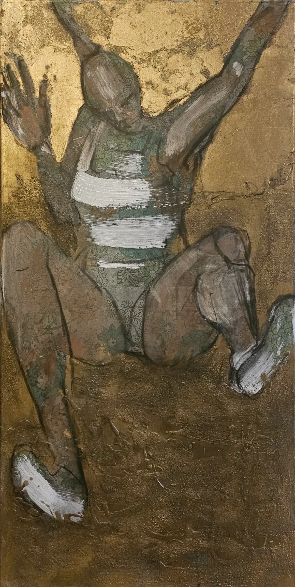 “Long Jump” by Monika Ślósarczyk: a jumping figure with raised arms and bent legs against a golden-brown background.