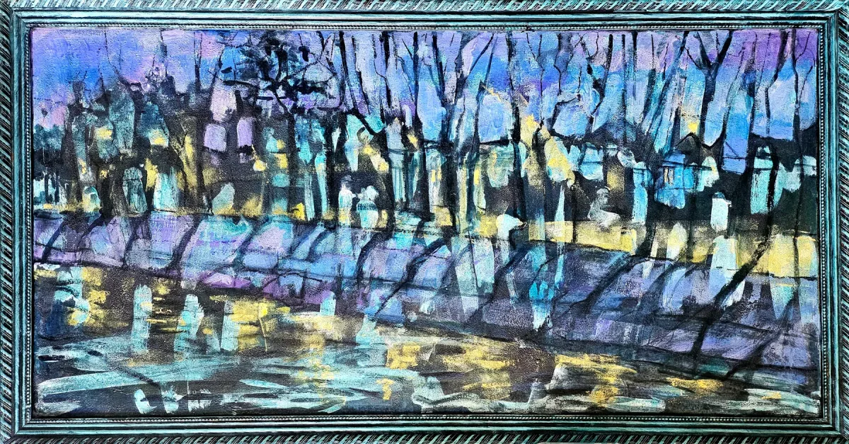 Monika Ślósarczyk's painting Olza: dark trees line a river at night as yellow and turquoise lamplight trembles on the water.