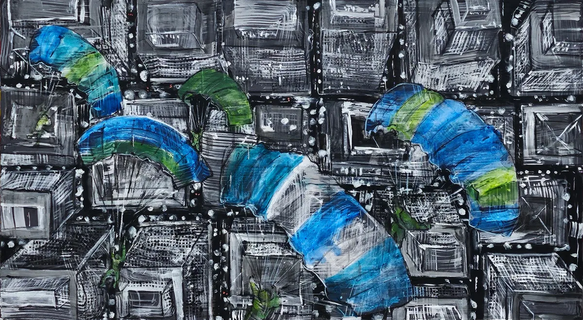 Monika Ślósarczyk's painting Paratroopers: colourful parachute canopies float above a dense, almost monochrome city seen from above.