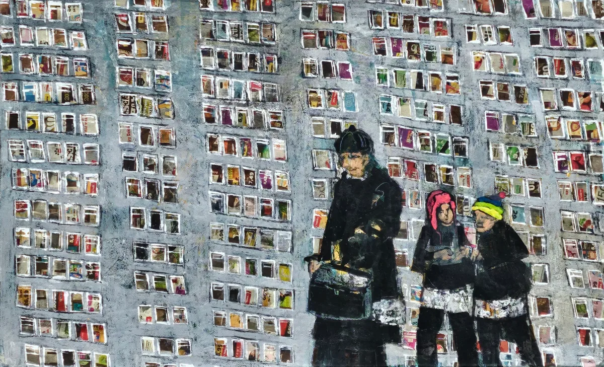 Monika Ślósarczyk's painting Po kolędzie: a priest and two altar servers walk beside the window grid of a large apartment block.
