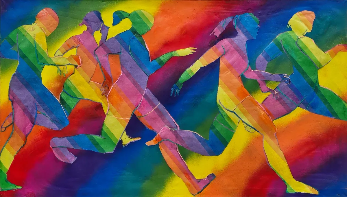 Monika Ślósarczyk's painting Bieg (Run): overlapping runners in saturated green, blue, violet, red and yellow move towards the right.