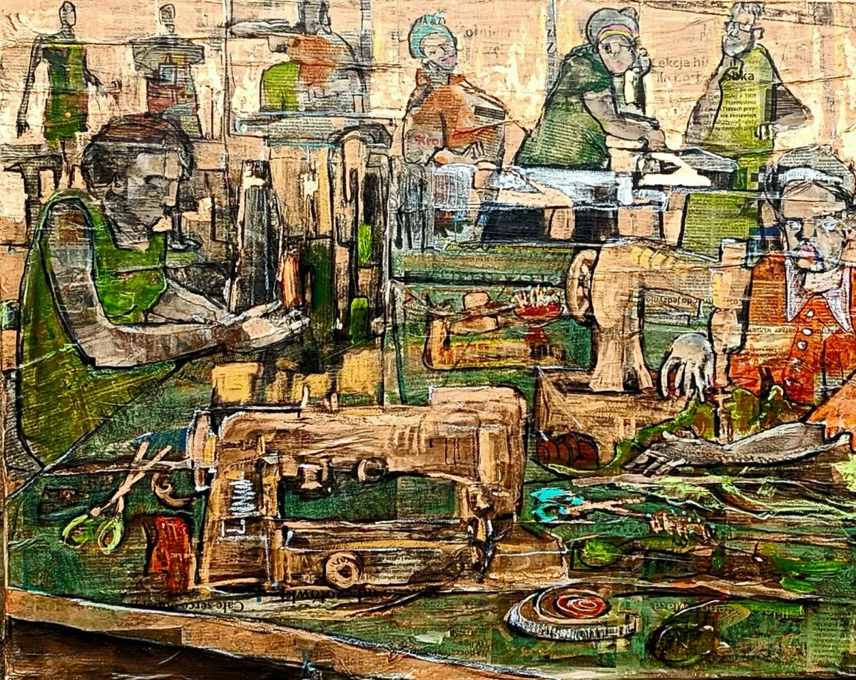 Monika Ślósarczyk's painting Sewing Room: seamstresses work among sewing machines, scissors, threads and densely layered fabrics.