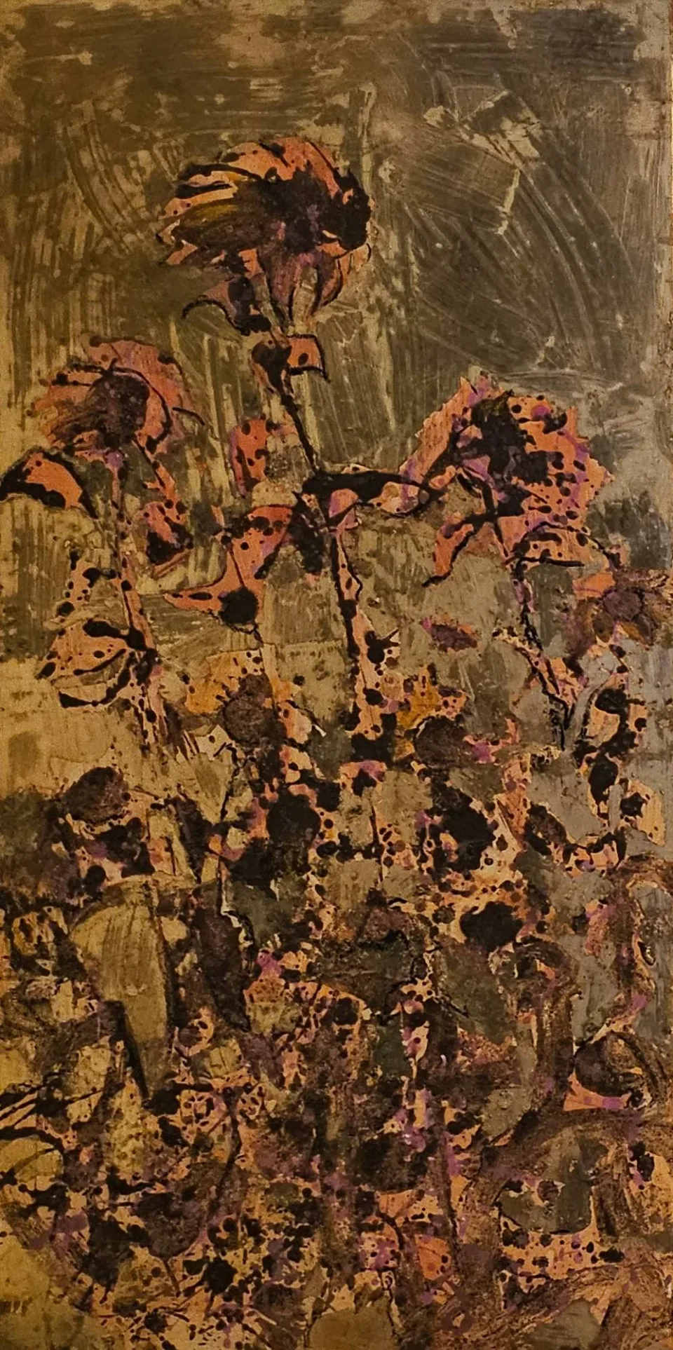 “Sunflowers”, panel 1 of Monika Ślósarczyk’s triptych (2026): flowers in gold, brown and copper tones.