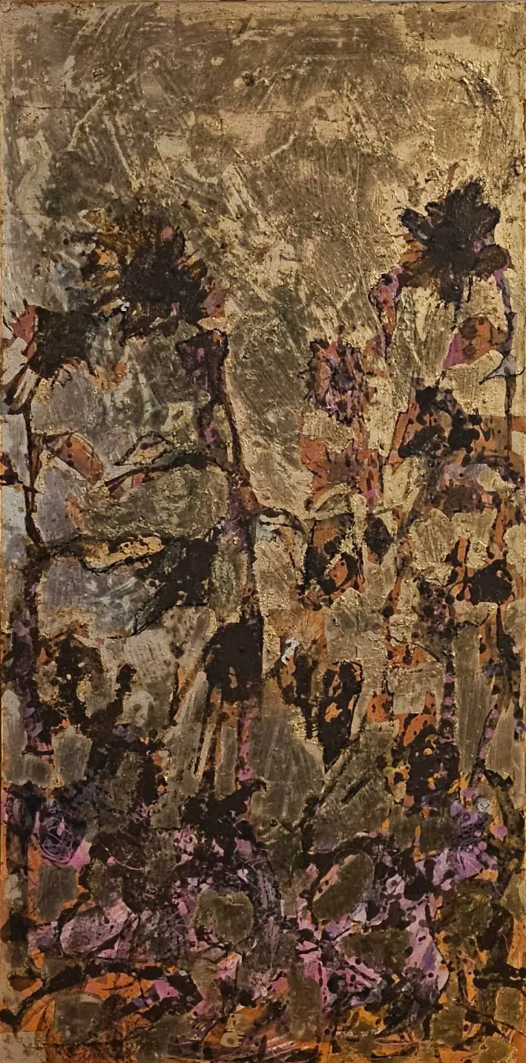 “Sunflowers”, panel 2 of Monika Ślósarczyk’s triptych (2026): flowers in gold, brown and copper tones.