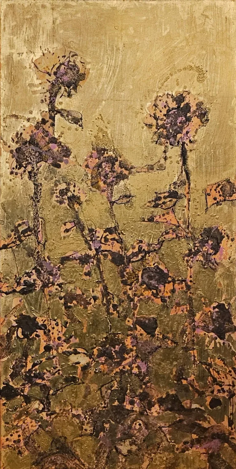 “Sunflowers”, panel 3 of Monika Ślósarczyk’s triptych (2026): flowers in gold, brown and copper tones.