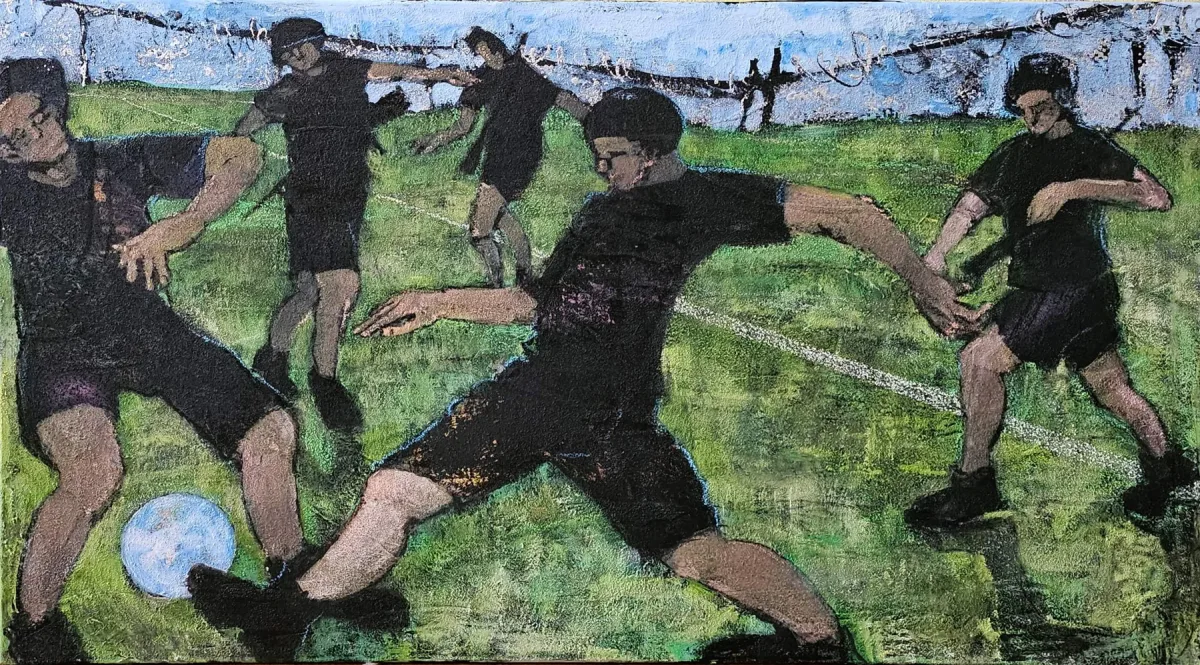 Monika Ślósarczyk's painting The World Is Not Enough: dark figures play on a green pitch with a globe in place of the ball.