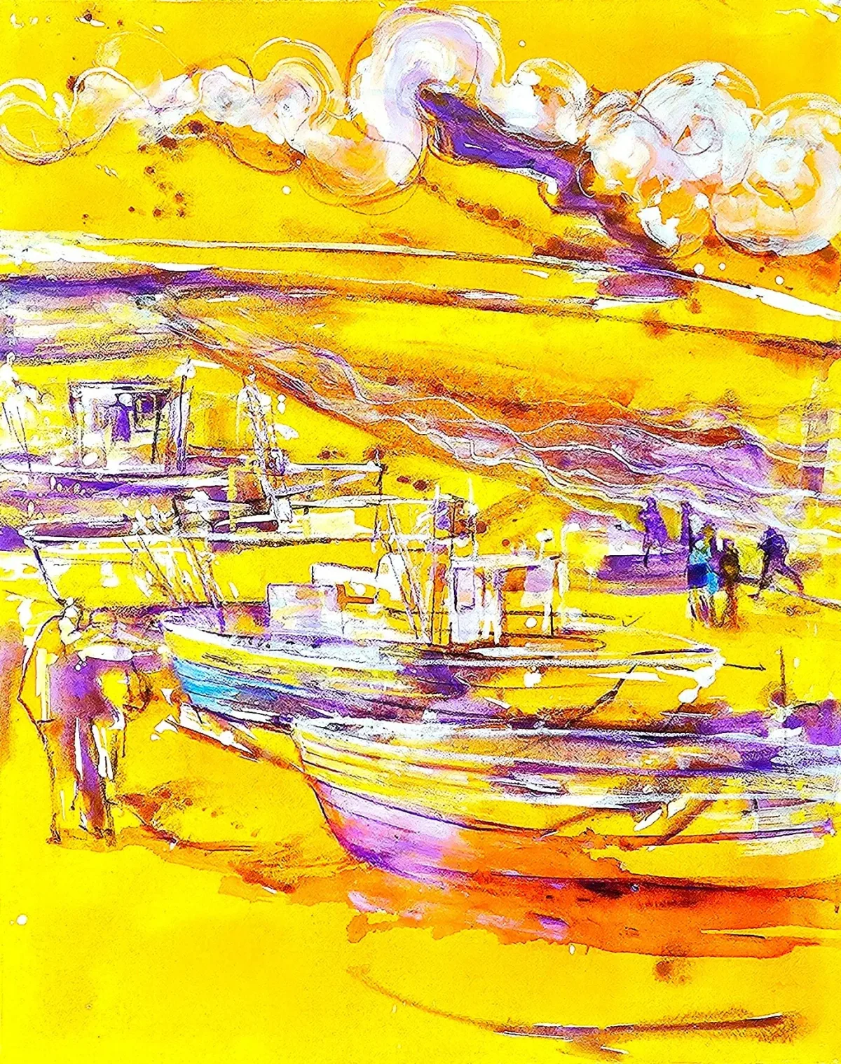 Monika Ślósarczyk's untitled painting: boats moored by a quay with small figures beneath yellow, white and violet clouds.