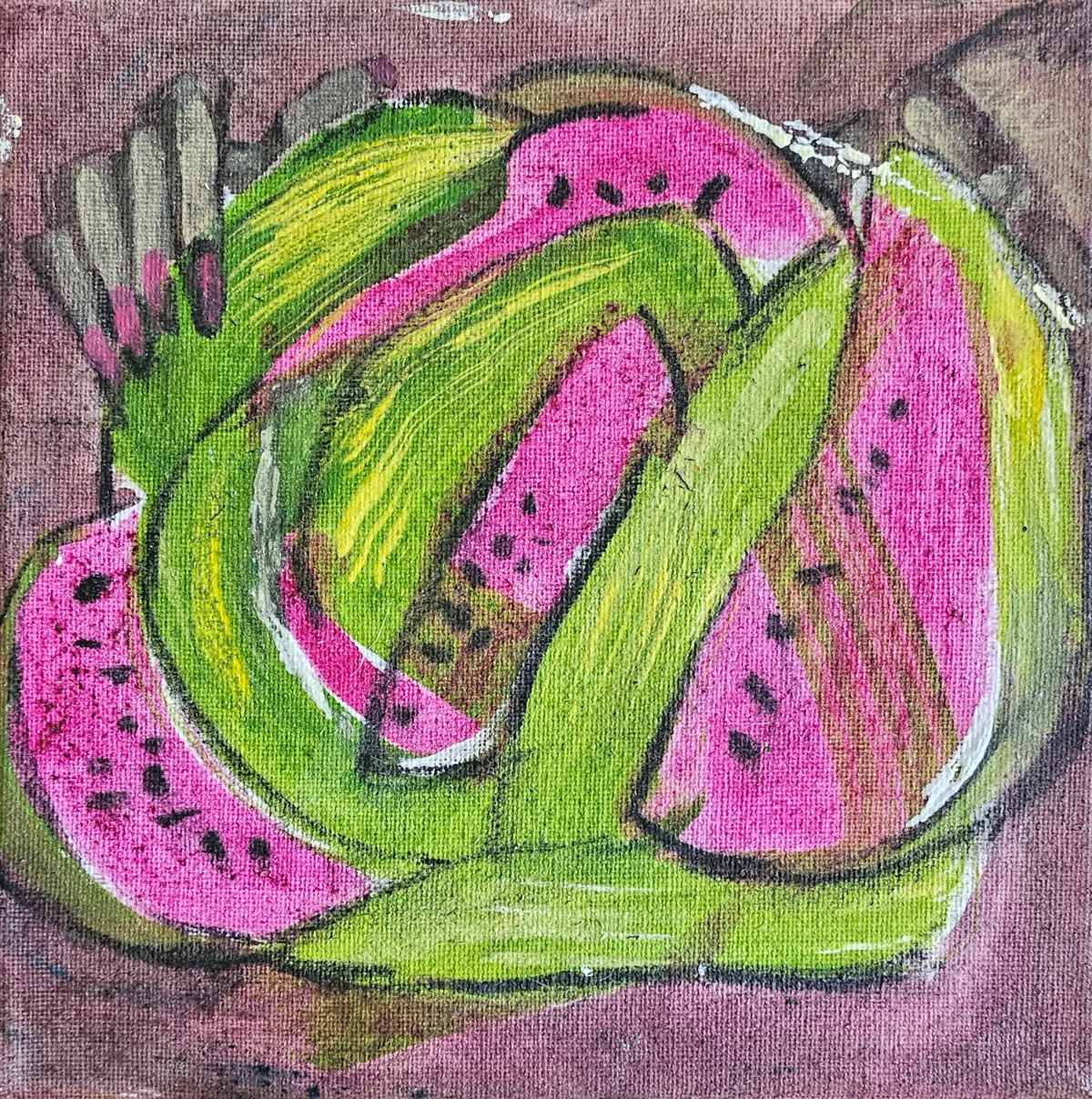 “Watermelon” by Monika Ślósarczyk (2024): pink watermelon slices with black seeds and green rind.