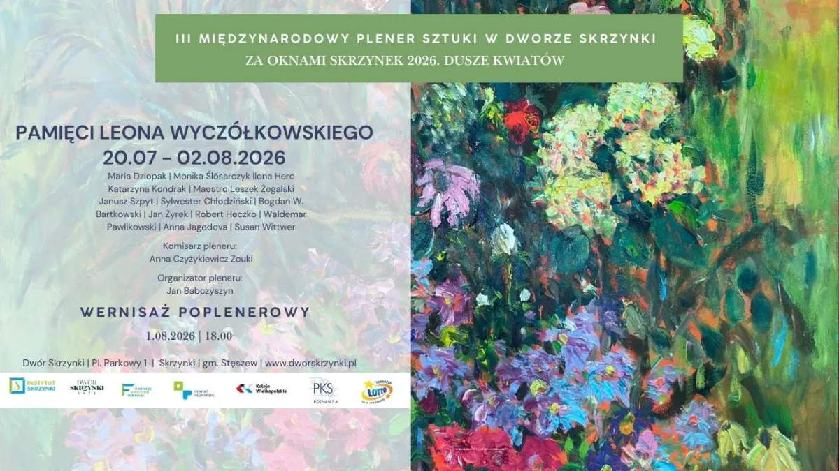 Plakat międzynarodowego pleneru sztuki Za oknami Skrzynek. Dusze kwiatów w Dworze Skrzynki.